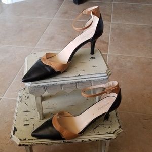 Brown and black ankle strap heels